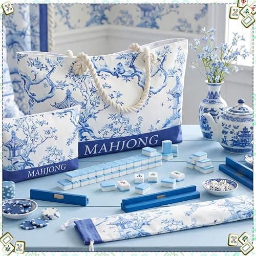 Sunnymove Empty Mahjong Bags Set for Tiles and Racks 24x13x4.7 Inch American Mahjong Carrying Bag Tote Tiles Bag Drawstring Protective Sleeve for Rack Pusher Party Travel, Case Only (Blue Chinoiserie) thumbnail 2