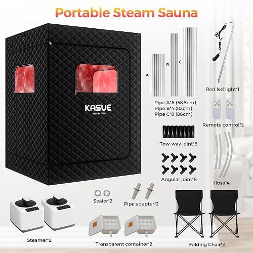 KASUE Upgraded 2 Person Sauna, Portable Infrared Sauna with 5-Layer Waterproof, 2 Steamers, 2 Folding Chair, 71”x 36”x 49” for Indoor, Outdoor, Gym, Spa, Carbon Black thumbnail 7