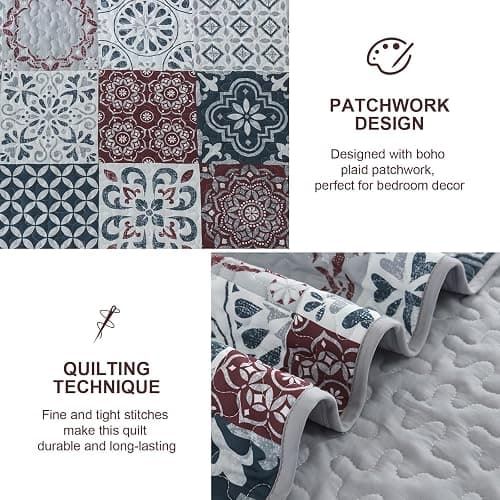 Dobuyly Patchwork Quilt Set Queen Size Boho Plaid Bedspread Red Grey Quilt Coverlet Set, 3 Pieces Soft Microfiber Lightweight Farmhouse Summer Bedding Set for All Seasons 96"x90" thumbnail 4