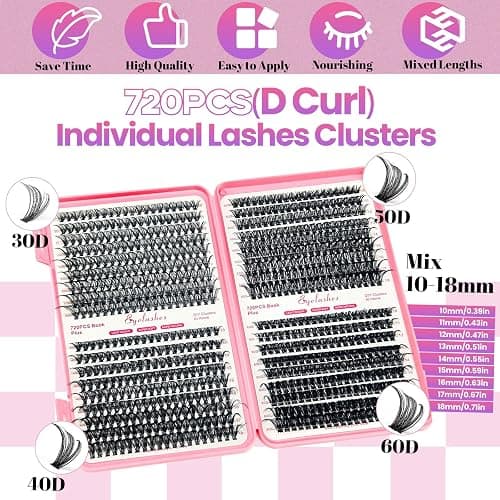 Qiveaory DIY Lash Extension Kit with 720pcs Lashes Clusters,1X/2X Magnification Compact Mirror with Light,Lash Bond and Seal,Eyelash Remover Tweezers Applicator Mascara Brush(10-18mm,30-60D Curl) thumbnail 2