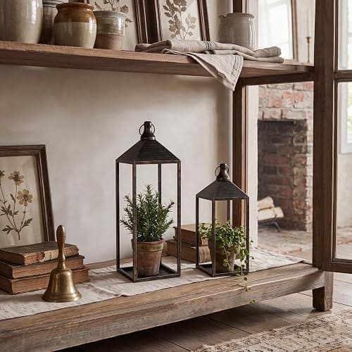 17" 13" Vintage Farmhouse Decorative Lanterns Indoor Outdoor with Candles | Set of 2 Lanterns Decorative Outdoor Indoor for Covered Porch Patio Fireplace Mantel, Floor, Fall, Festival, No Glass thumbnail 4