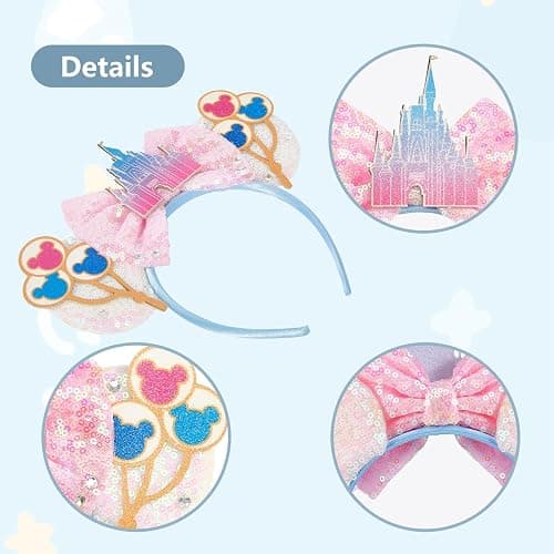 LYLIN Mouse Ears Headband, Sequin Pink Mouse Ears with Castle Bows | for Women Girls, Princess Ears Hair Accessories, Park Ears Trips Party Cosplay Costumes Accessories (Pink Castle) thumbnail 4