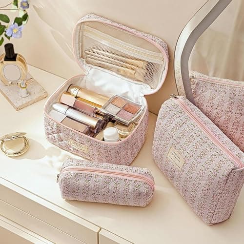 HBselect Quilted Makeup Bag, 3PCS Cotton Large Travel Makeup Bag, Cute Floral Coquette Make up Bag Cosmetic Bag Toiletry Bag for Women Girls thumbnail 4