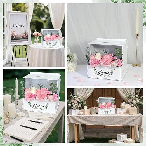 OurWarm Wooden Wedding Card Box with Flower Trough, White Gift Card Box for Wedding with Acrylic Board, Weddings Cards Boxes for Reception Graduation Birthday Party Bridal Baby Shower Decorations thumbnail 6