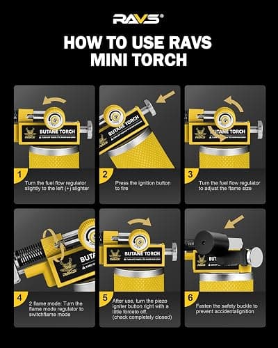 RAVS 2 Flame Mode Butane Torch Lighter, Refillable Kitchen Torch with Adjustable Flame and Safety Buckle, Yellow Jewelry Torch for Welding, Resin Art, Industrial, Butane Fuel not Include thumbnail 9