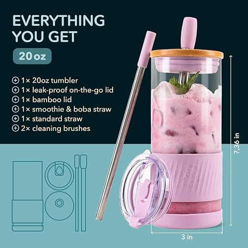 Pandaloo® Glass Cups With Lids and Straws -20 Fl Oz- Perfect Size Iced Coffee Cup - Smoothie Cup With Bamboo Lid and On the go Lid - Glass Tumbler With Straw (1 Count (Pack of 1), Lilac Rhapsody) thumbnail 2