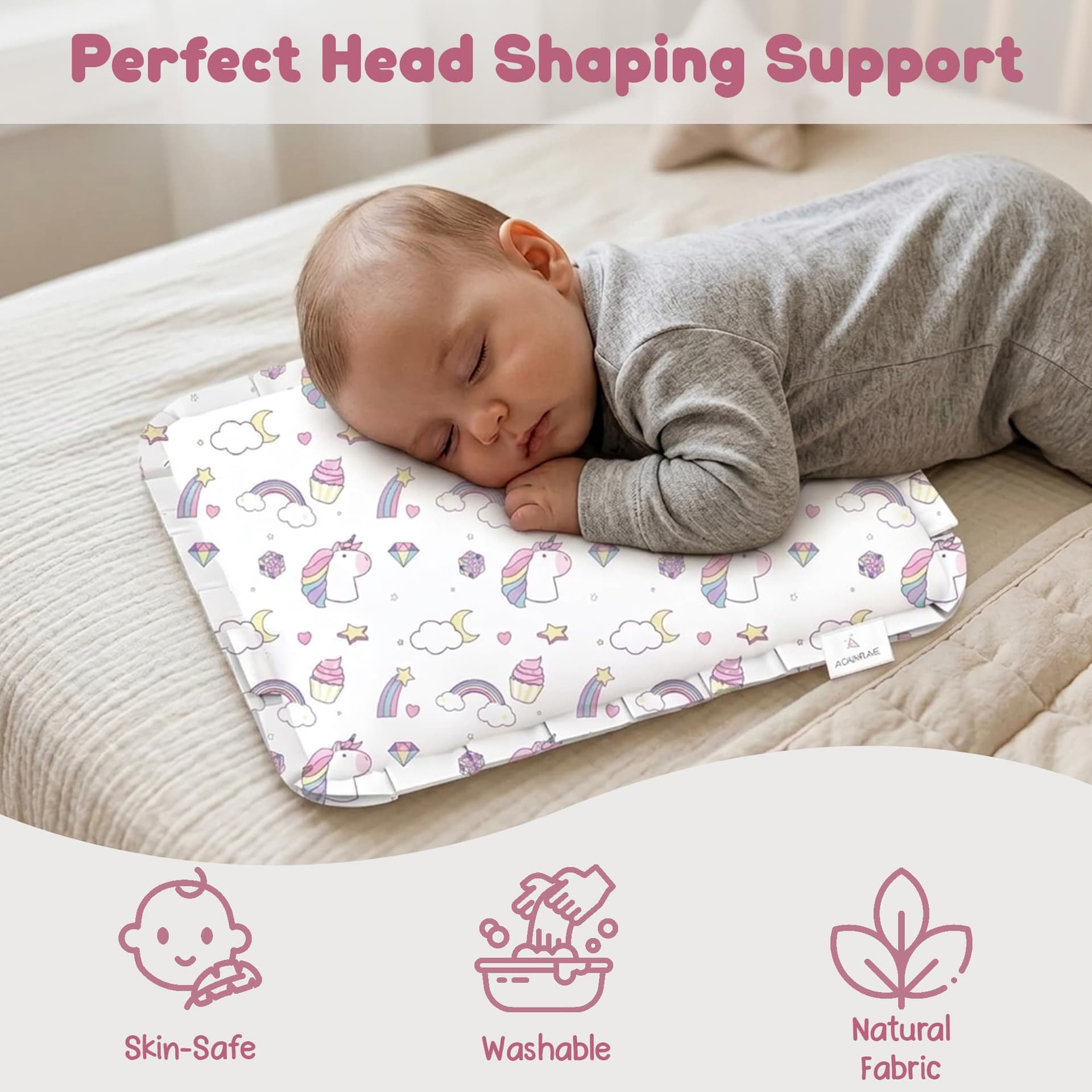 Rai Mustard Seeds Pillow for Baby Head & Neck Comfort, Soft Cotton Cover with Inner Lining, Lightweight Flat Pillow for Resting & Gifting for Baby Shower, 28 x 21.5 x 2cm | Unicorn Print thumbnail 4