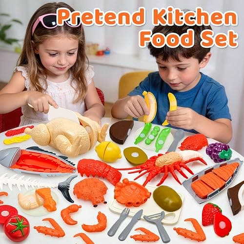 22pcs Montessori Play Seafood Cut Toys Set for Kids Play Kitchen | Kitchen Playset with Toy Food & Fake Fruit, Kitchen Set for Kids &Cutting Set, Kitchen Toys for Boys Girls Ages 3 4 5 thumbnail 4