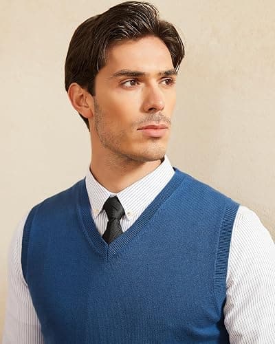 Kallspin Men's Pure Cotton Sweater Vest V Neck Regular Fit Knit Sleeveless Pullover Sweater thumbnail 3