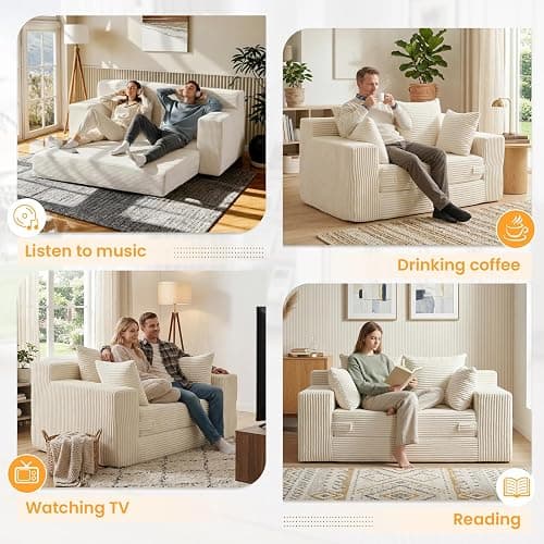 Winzoo Boneless Loveseat Sleeper Sofa Bed, 3-in-1 Convertible Sofa Bed and Futon Couch with 4 Pillows, 55" Beige Boneless Couch for Living Room, Guest Room, Small Space, No Assembly Required, Corduroy thumbnail 5
