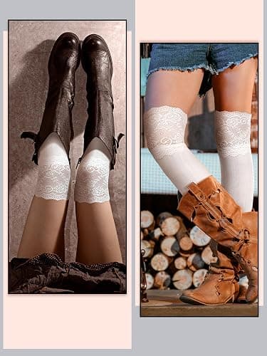 Fourluoo 6 Pairs Women's Lace Socks Lace Thigh High Socks with Trim Lolita Stocking Long over Knee Stocking for Women thumbnail 5