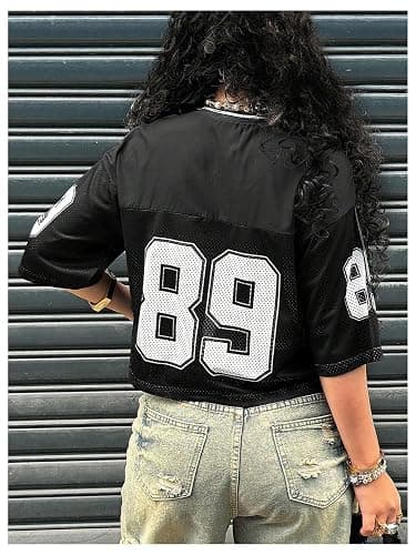 RoseSeek Girl's Jersey Shirts Number Graphic Tees Half Sleeve Hip Hop Y2k Crop Tops Football Jersey thumbnail 2