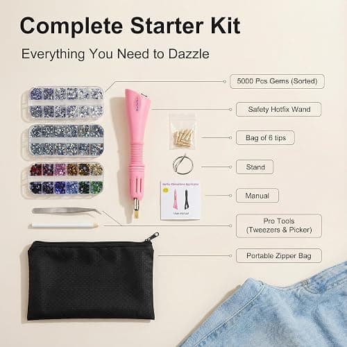 Worthofbest Hotfix Rhinestone Setter, Hot Fix Applicator Tool Bedazzler Kit with rhinestones, Kit, Hot Fixed Wand for Clothes Clothing Fabric Crafts, 5000 Pcs, AB Crystal, Clear, 3 Gems Sizes, Tips thumbnail 2