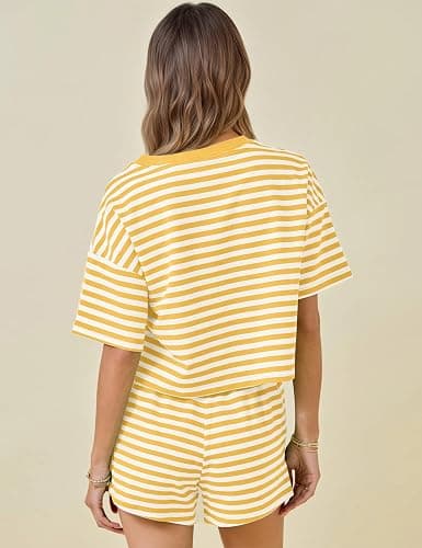 MISSACTIVER Womens Lounge 2 Piece Sets Summer Striped Matching Pajamas Set Short Sleeve Oversized T Shirts Drawstring Shorts thumbnail 3