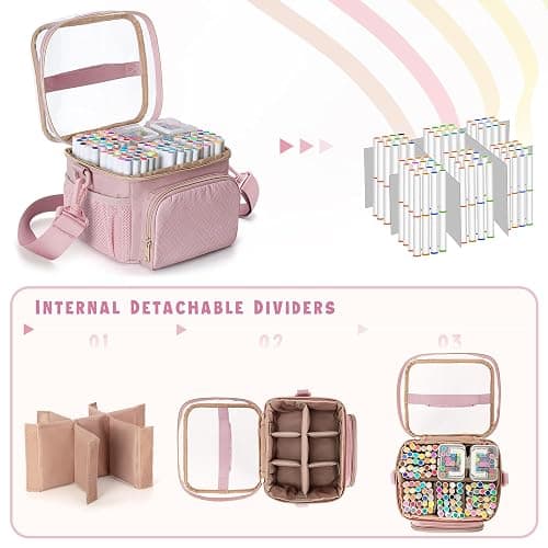 Rexmica Marker Organizer Case for 100 Markers, Marker Storage Organizer Bag with Divider and Shoulder Strap, Marker Travel Carrying Case with 3 Pockets, Pink (Patented Design) thumbnail 4