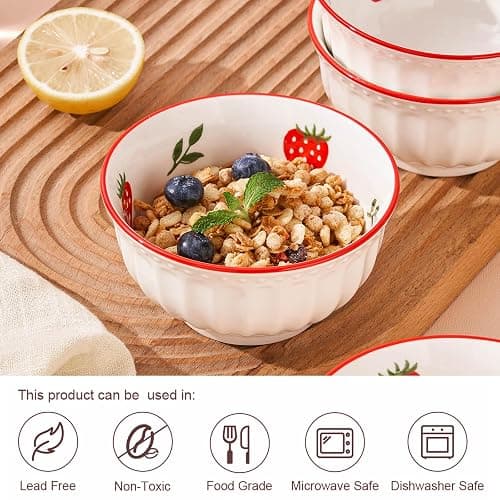 CHILDIKE 10 oz Small Bowls Set of 6, Dessert Bowls for Kids Ice Cream Cereal Soup Rice Fruit - Cute Strawberry Pattern thumbnail 5