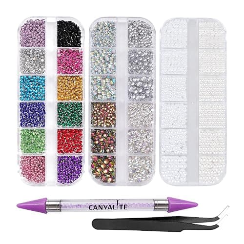 Canvalite 8000PCS Crystal AB Nail Art Rhinestones with Pick Up Tweezers & Dotting Pen, Flat Back Nail Gems for Nails, Clothes, Face, Craft - Nail Art Supplies & Decorations - Image 1