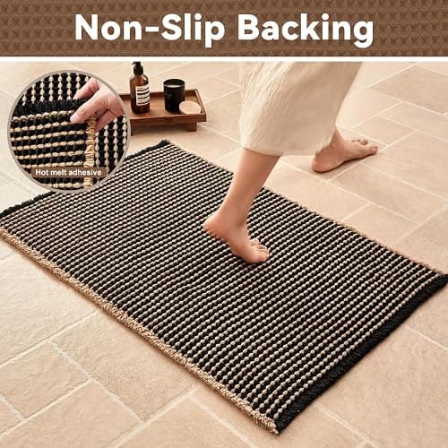 Triohero Waffle Bath Mat, Boho Bathroom Rugs Non Slip Washable, Ultra Soft Super Absorbent Quick Dry Farmhouse Bathroom Decor, 24" x 48", Black & Khaki thumbnail 4