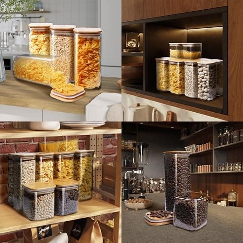 HomArtist Square Glass Jars with Bamboo Lids [Muti Size Set of 5], Glass Canisters with Airtight Lids, Glass Food Storage Containers for Pasta, Cereal, Flour, Sugar, Best for Kitchen & Pantry thumbnail 6