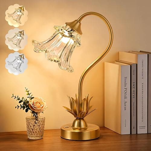 Cordless Flower Table Lamp with Glass Lampshade, 5200mAh Rechargeable Battery, 3-Color Dimmable Touch Control, Portable Desk Lamp for Nightstand, Patio, Camping, Restaurant & Home, Transparent - Image 1