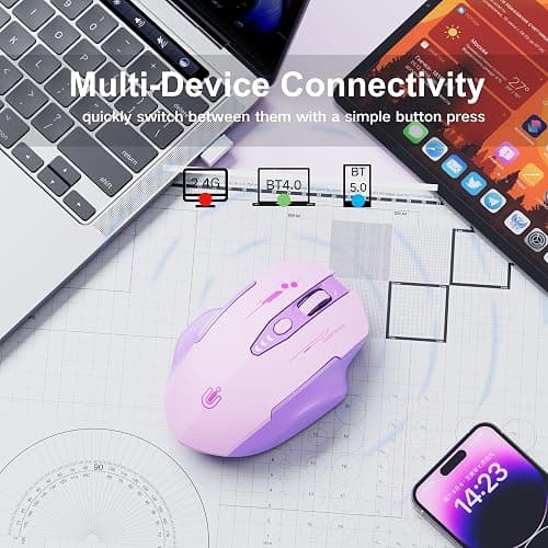 Uineer Wireless Bluetooth Mouse,[Upgraded] Rechargeable Computer Mice (BT 5.0/4.0+2.4G Hz) with Visible Battery Level, 4 Adiustable DPl, Portable PC Mouse for MacBook Chromebook,Purple thumbnail 2
