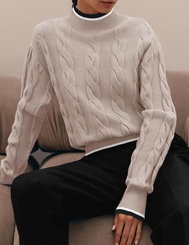 ZESICA Women's Casual Long Sleeve Mock Neck Cable Knit Contrast Color Fall 2025 Winter Chunky Pullover Sweater thumbnail 6