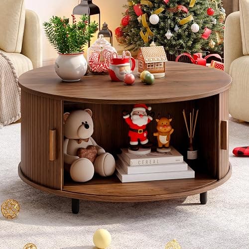 ONBRILL Round Coffee Table with Storage, 31.5" Modern Coffee Table with 360° Curved Sliding Door, Fluted Wood Accent Coffee Table with Adjustable Footpads, Round Center Table for Living Room, Walnut - Image 1