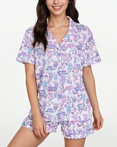 Zuafy Women’s Pajamas Set 2 Piece Pjs Monkey Cute Short Sleeve Notch Collar | Y2k Matching Set, Lightweight Soft, Button Down with Pocket, Sleepover Daily Lounge for Summer Beach Vacation Holiday Gift thumbnail 2