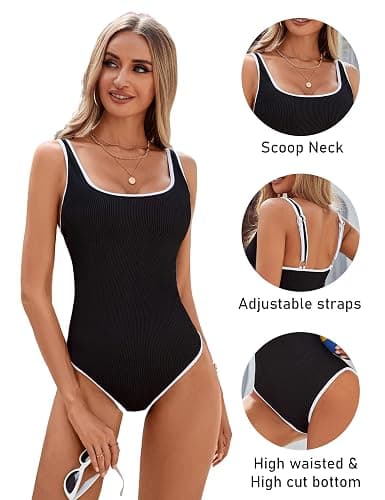 BMJL Women's One Piece Swimsuit Sports Adjustable Strap Bathing Suit Color Block Ribbed High Cut Swimsuits thumbnail 4