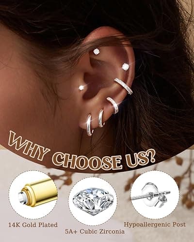 Dochais Hoop Stud Earrings for Women Men 7 Pairs 316L Surgical Steel Hypoallergenic Earrings Set for Multiple Piercing Non Tarnish 14k Gold Plated Cartilage Earring thumbnail 2