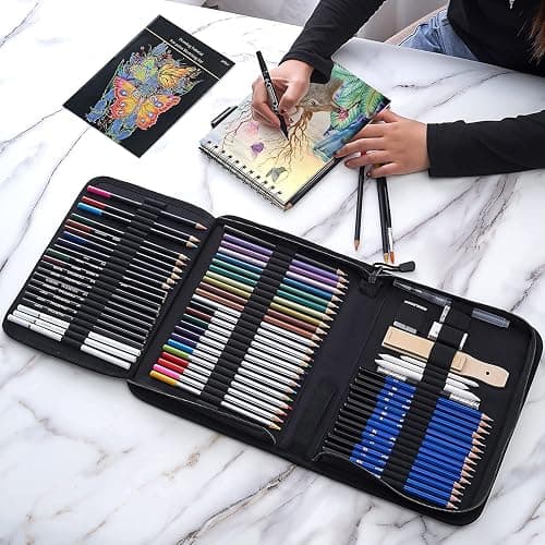 Prina 76 Pack Drawing Set Sketching Kit, Pro Art Supplies with 3-Color Sketchbook, Include Tutorial, Colored, Graphite, Charcoal, Watercolor & Metallic Pencil, for Artists Adults Teens Beginner thumbnail 8