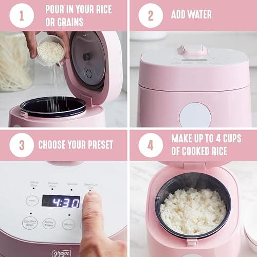 GreenLife Digital Rice Cooker, 2-Cups Uncooked/4-Cups Cooked, Removable Nonstick Ceramic PFAS-Free Pot, One-Touch Presets, Oats, Quinoa, Brown Rice, Auto Keep Warm, Fuzzy Logic Tech, 1.5QT, Pink thumbnail 6