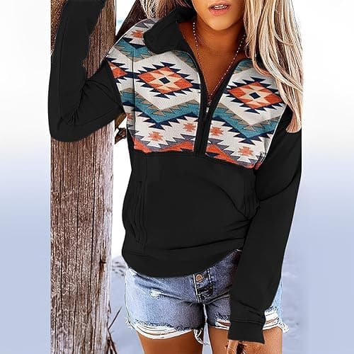 Fronage Women's Half Zip Sweatshirt Western Aztec Sweater, Casual Long Sleeve Mexico Ethnic Graphic Pullover Tops thumbnail 3