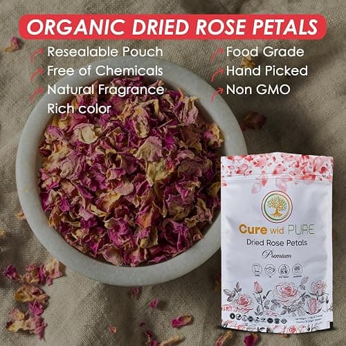 Cure Wid Pure Certified Organic Dried Rose Petals 4 oz Food-Grade Edible Rose Petals for Tea,Cocktails,Baking,Skincare & DIY - Sun-Dried,Non-GMO,Gluten & Chemical-Free Edible Flowers in Resealable Bag thumbnail 7