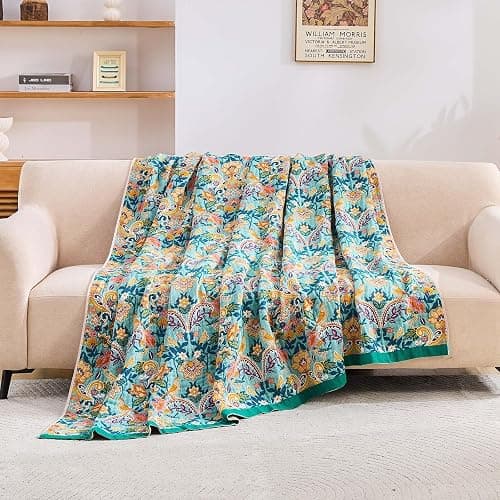 XIBLC Boho Blanket Throw Quilt, 100% Cotton Soft Light Weight Throw Blankets for Summer, 50"x60" Farmhouse Flower Decorative Blankets, All Season Rustic Reversible Bohemian Throw Quilt thumbnail 3