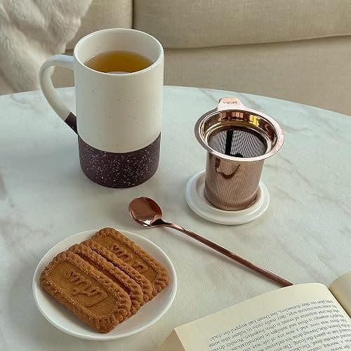 Mora Ceramics Tea Cup with Loose Leaf Infuser, Spoon and Lid, 12 oz, Microwave and Dishwasher Safe Coffee Mug - Rustic Matte Ceramic Glaze, Modern Herbal Tea Strainer - Great Gift for Women, Garnet thumbnail 6