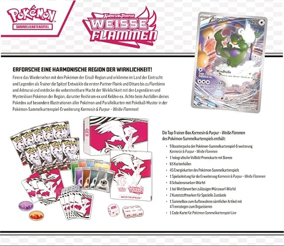 Pokémon-Sammelkartenspiel: Top-Trainer-Box Karmesin & Purpur – Weiße Flammen: Reshiram (1 Vollbild-Promokarte mit Boreos, 9 Boosterpacks & Zubehör) thumbnail 4