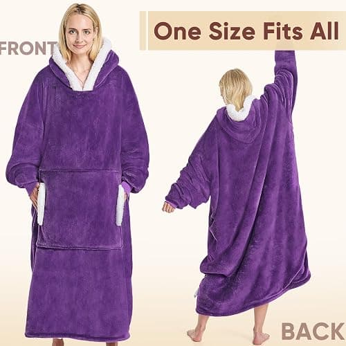 yescool Wearable Blanket Hoodie - birthday gifts for Adults/Women/mom, Flannel Cozy Sherpa Fleece Blanket Sweatshirt with Hood, Pocket & Sleeves, Large, One Size Fits All (Deep Purple) thumbnail 4