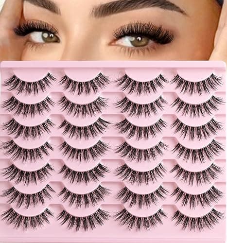 QUNETY Lashes Wispy False Eyelashes Cat Eye Lash Strips Natural Fake Eyelash Mink Strip Lash Pack 14 Pairs Lightweight Fluffy Cateye Lashes Soft Cotton Band 7-14mm Wispies Easy Eyelashes Natural Look - Image 1