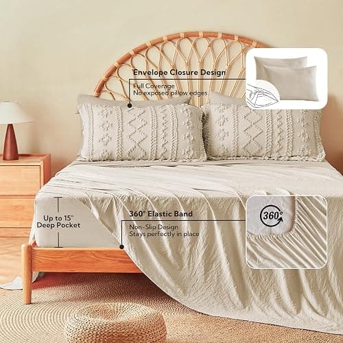 MR&HM Tufted Boho Comforter Set Queen, Linen Farmhouse Bedding Set, Bed in a Bag Set 7 Pieces with 1 Comforter, 2 Pillow Shams, 2 Pillowcases, 1 Flat Sheet, 1 Fitted Sheet for All Seasons thumbnail 8