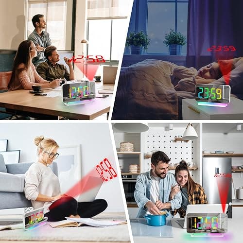 Poeroa Projection Clock, 7.4" LED Mirror Digital Alarm Clocks, with RGB Night Light, 180° Rotatable Projector,USB C Charger Port, Auto Dimmer, Modern Desk Clock for Teens Girl Adults Bedroom - White thumbnail 9