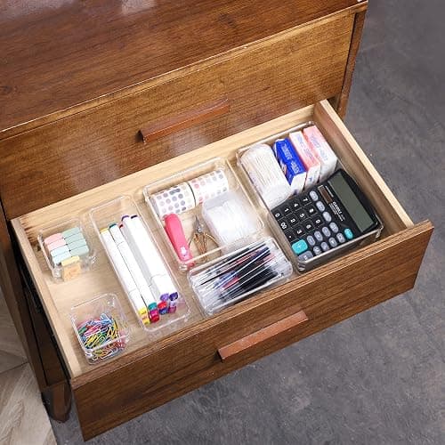 25 PCS Plastic Clear Drawer Organizer Set, 4 Sizes Desk Office Drawer Organizing Trays and Divider,Storage Bins for Makeup,Snack,Jewelry,Kitchen,Bedroom, Bathroom vanity Accessories Containers - Pack of 25 thumbnail 4