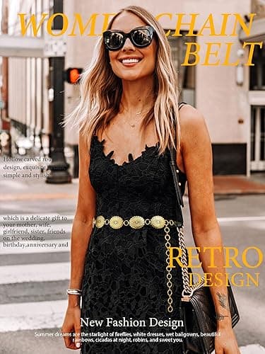FIORETTO Metal Waist Chain Link Belt for Women Western Cowgirl Boho Turquoise Belts for Dress Jeans Country Concert Outfit - Gold-95 - Fit Waist up to 42" thumbnail 5