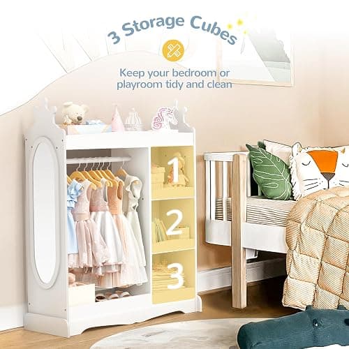 Curipeer Kids Dress up Storage with Mirror, Kids Wardrobe with 3 Hooks, Kids Closet for Girls Boys, Open Hanging Armoire Costume Organizer for Bedroom, Preschool, Classroom, White thumbnail 4