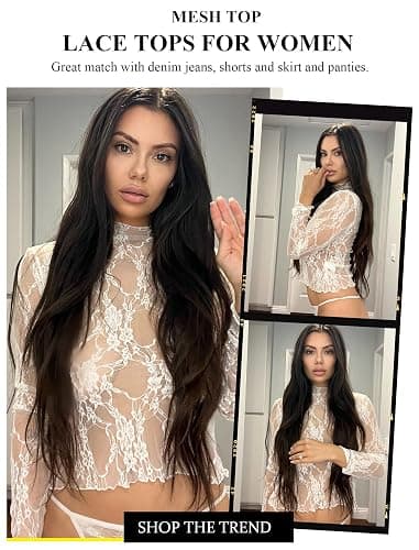 Avidlove Women's Mesh Top Long Sleeve Mock Neck Sheer Blouse See Through Floral Lace Tops thumbnail 4