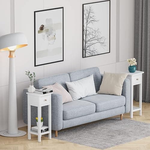 Giantex Tall End Table, Narrow Side Table with Drawer and Shelf, Acacia Wood Nightstand for Living Room, 2-Tier Bedside Table for Small Space, No Assembly, White - 1 - White thumbnail 7