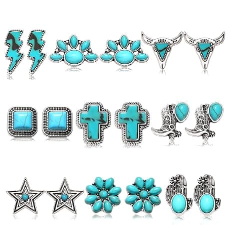 BVGA 9 Pairs Western Turquoise Stud Earrings Vintage Silver Turquoise Cowgirl Boots Lightning Cross Flower Stud Earrings Boho Gemstone Small Geometric Square Star Studs Turquoise Jewelry for Women Girls - Image 1