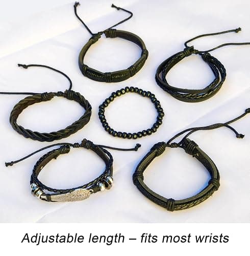 EOQIFJM 8Pcs Punk Leather Bracelet Set for Men & Women, 6Pcs Braided PU Cuffs, Necklace & Keychain, Adjustable, Stackable thumbnail 3