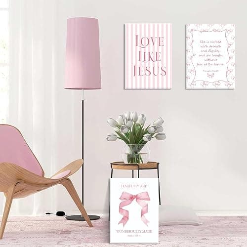 Coquette Pink Bow Wall Art Set of 3, Light Pink Bow Dorm Room Wall Decor Paintings, Inspirational Scripture Verses Canvas Posters Prints Pictures for Girls Dorm Room Bedroom Bathroom 12x16 Inch Framed thumbnail 7