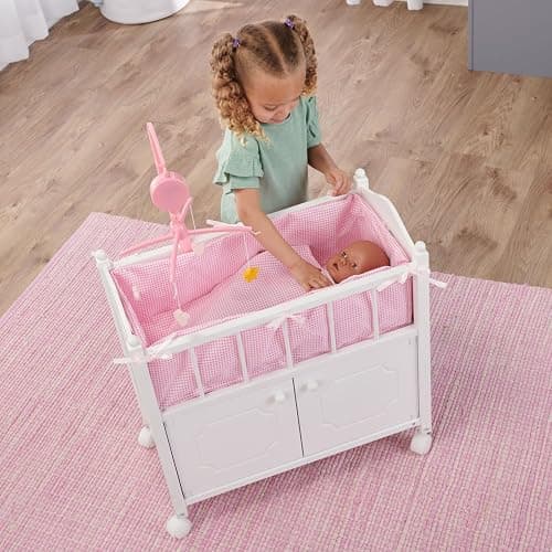 Badger Basket Wooden Toy Doll Bed with Storage, Mobile, and Bedding to Pretend and Play - Includes Wheels and Free Personalization Kit - White with Pink Gingham Fabric thumbnail 7